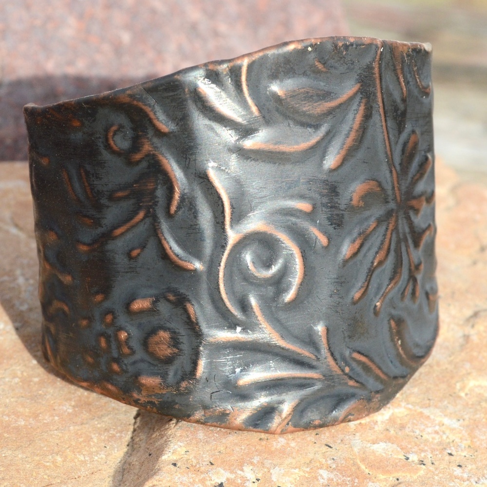 Floral Repoussé Solid Copper Wide Cuff Bracelet Embossed Handmade Bohemian Boho - Picture 1 of 8